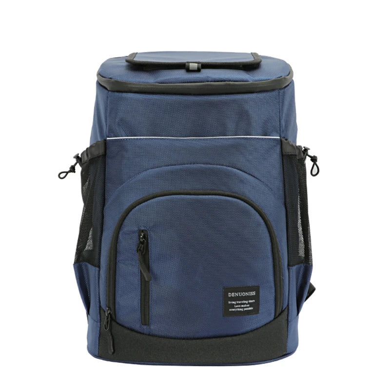 Blue backpack with black accents on a white background