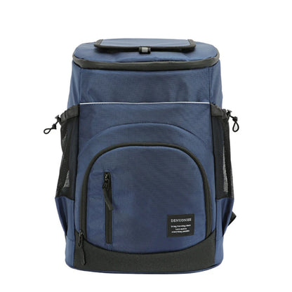 Blue backpack with black accents on a white background