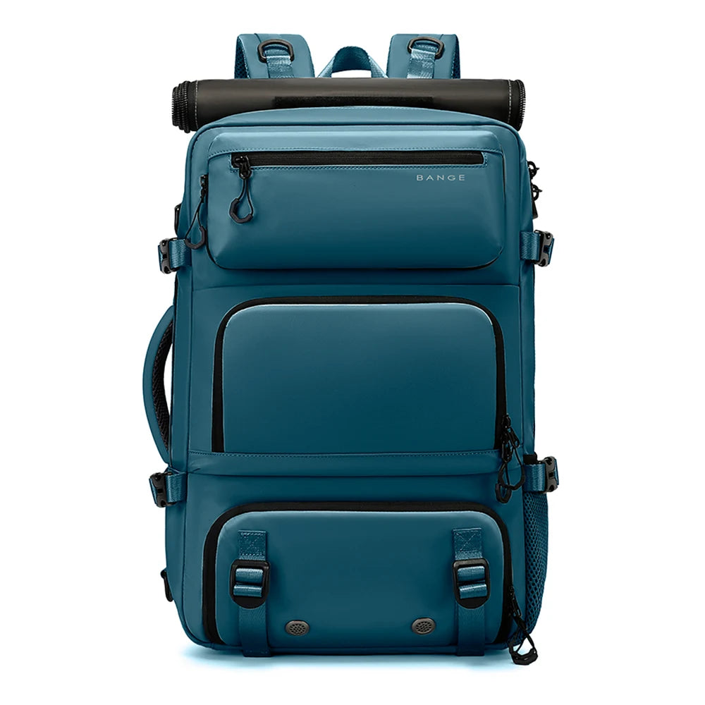 Blue backpack with black accents on a white background