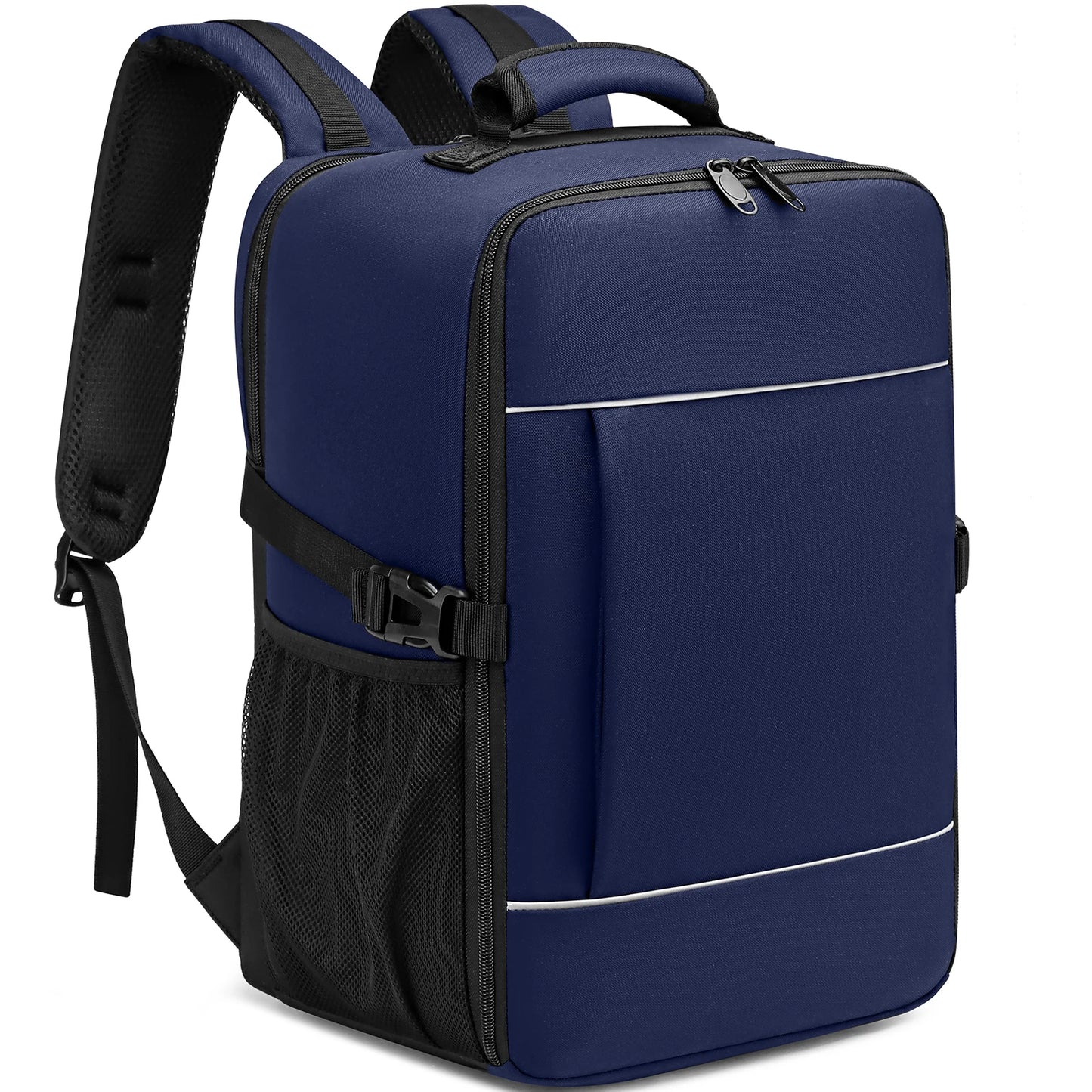 Blue backpack with black straps on a white background