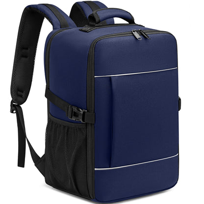 Blue backpack with black straps on a white background