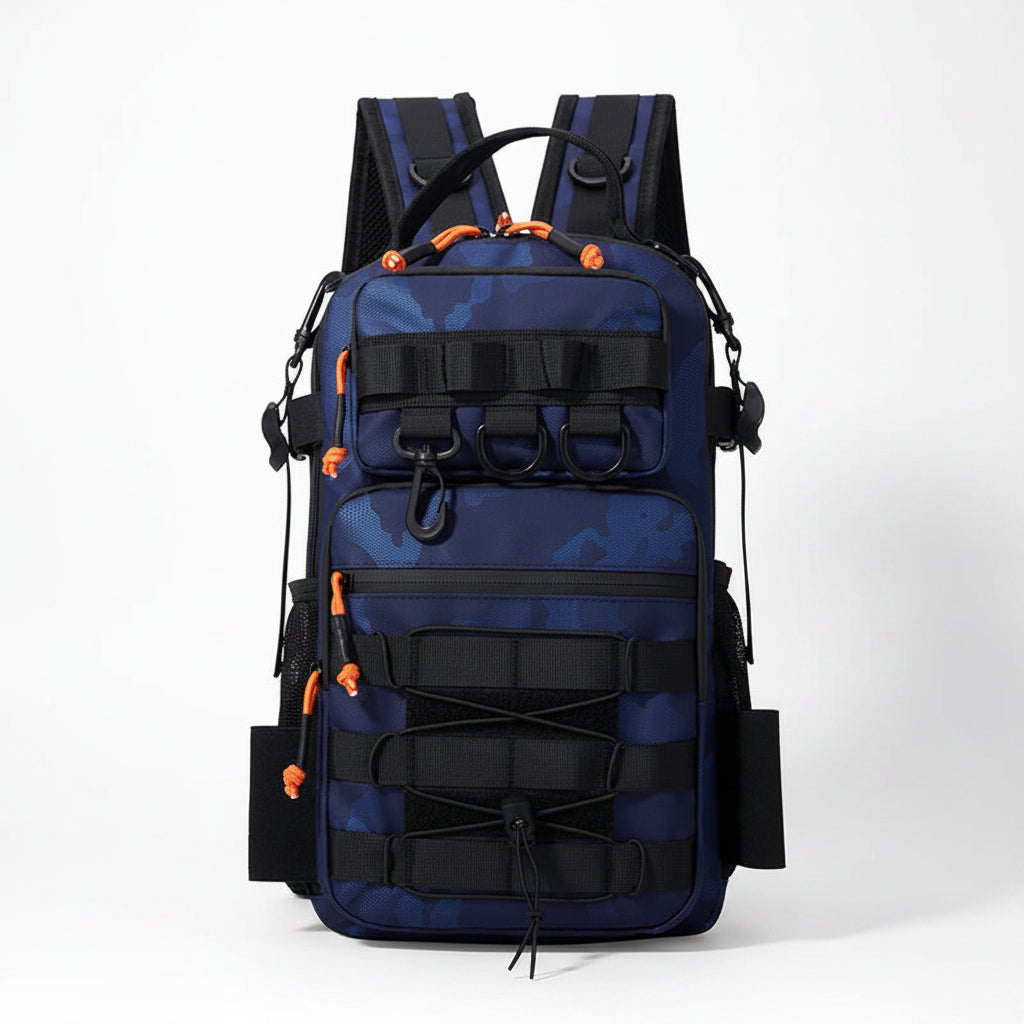 Blue camouflage backpack with black straps on a white background