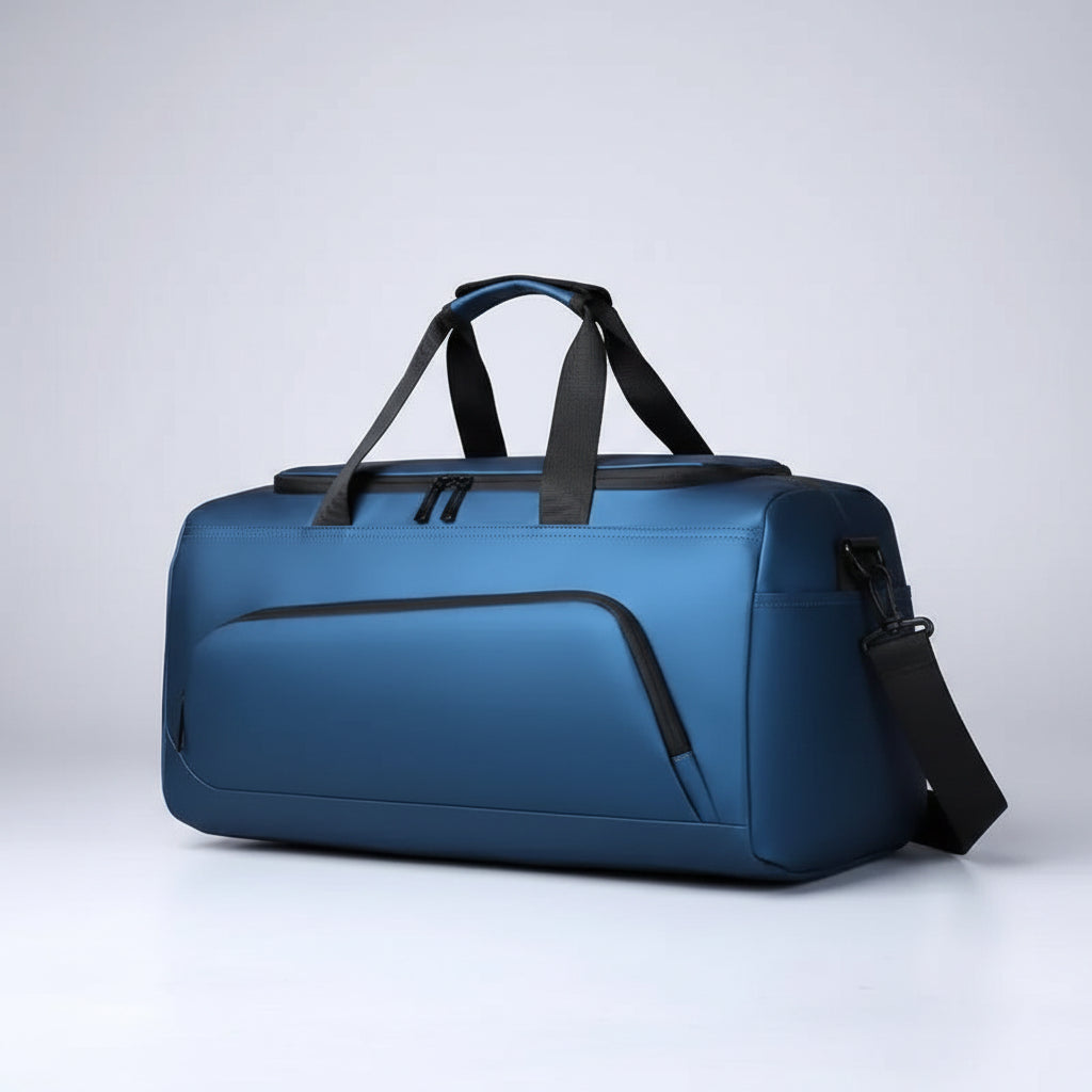 Blue duffel bag with black straps on a white background