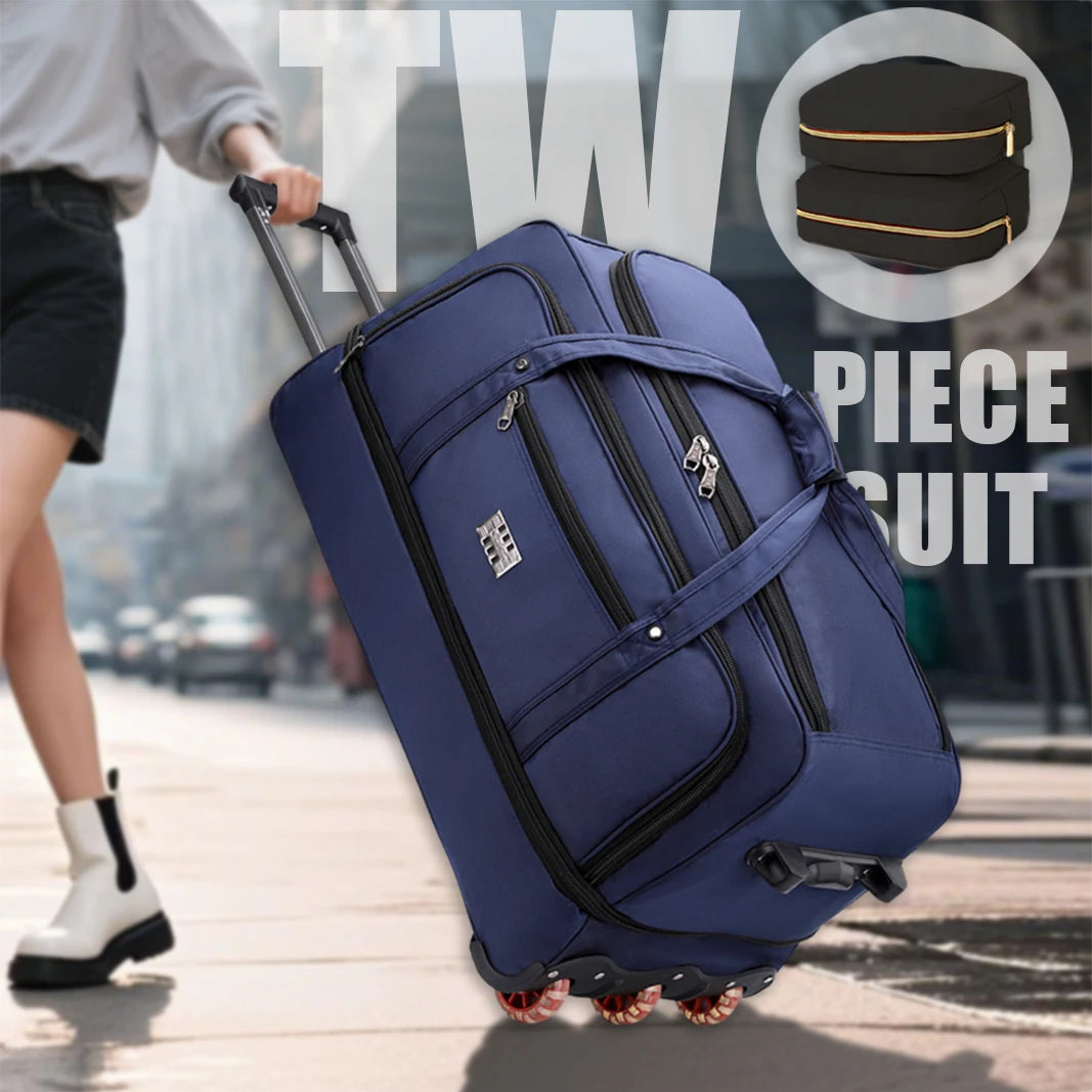 Blue suitcase with a person pulling it