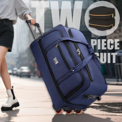 Blue suitcase with a person pulling it