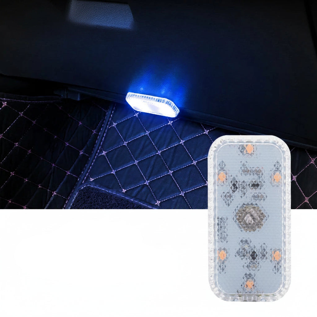 Blue touch LED light on a dark textured surface with packaging in the foreground.
