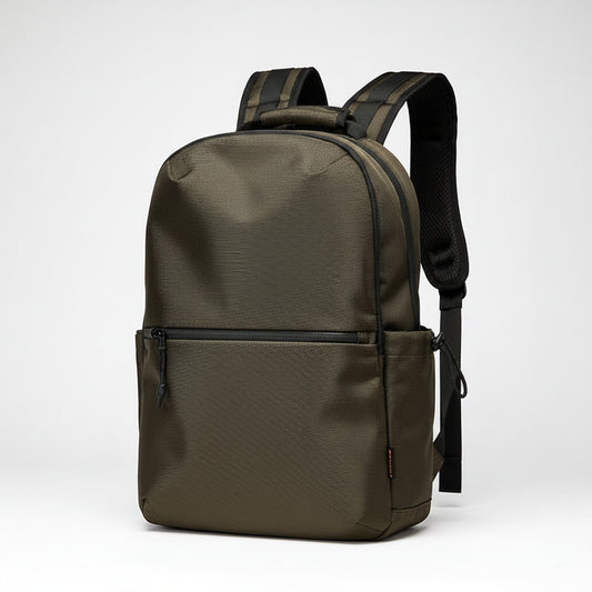 Brown backpack with black straps on a white background