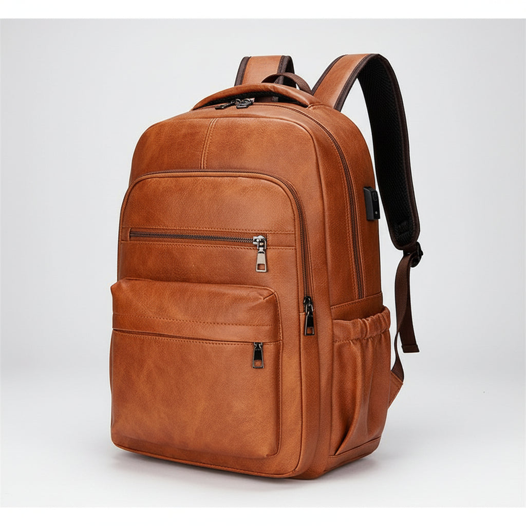 Brown leather backpack on a white background