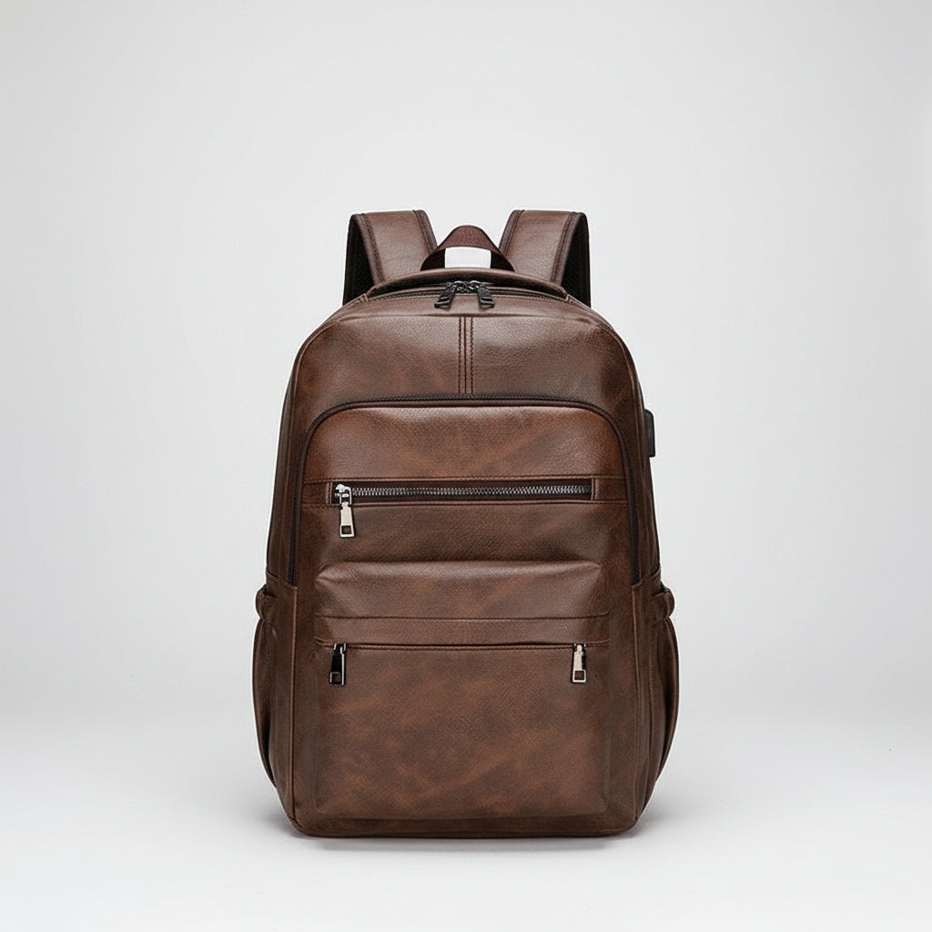 Brown leather backpack on a white background