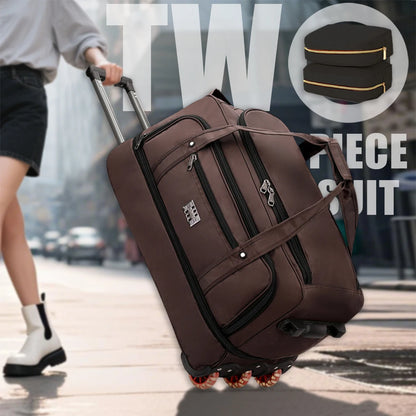 Brown suitcase with wheels being pulled on a street, with text 'Two Piece Suit' in the background.