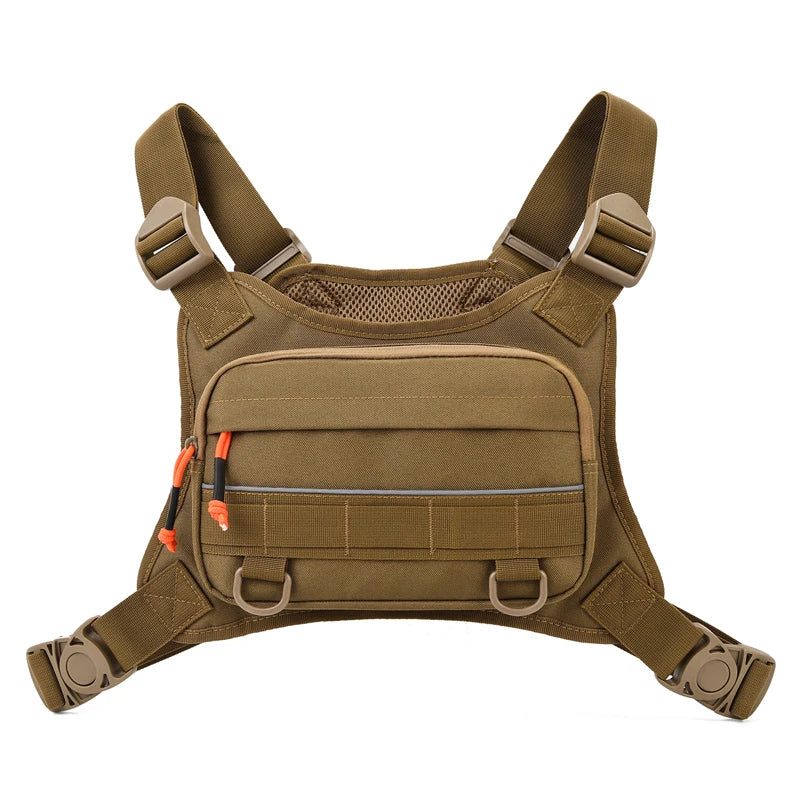 Brown tactical vest with multiple pockets and straps on a white background