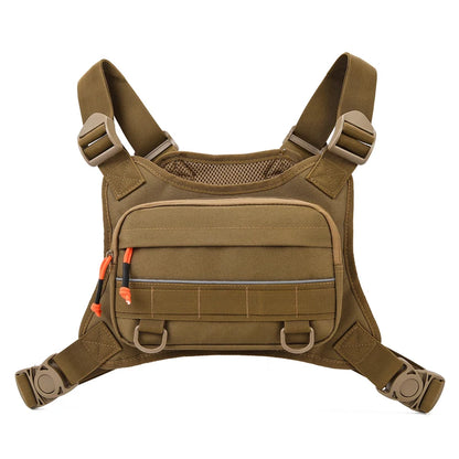 Brown tactical vest with multiple pockets and straps on a white background