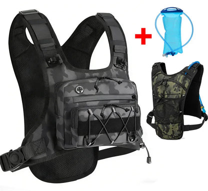 Camouflage backpack with 2L water bag on a white background