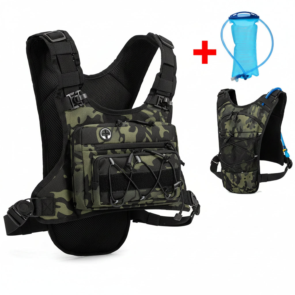 Camouflage backpack with 2L water bag on a white background