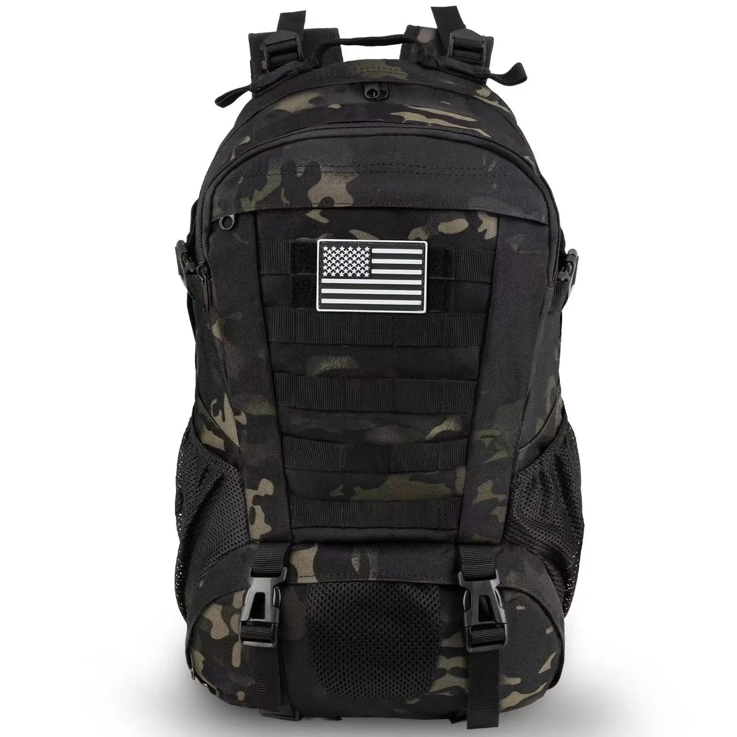 Camouflage backpack with American flag patch on a white background