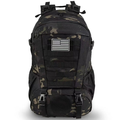 Camouflage backpack with American flag patch on a white background