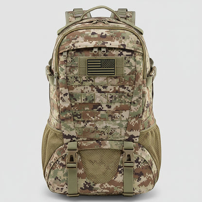 Camouflage backpack with American flag patch on a white background