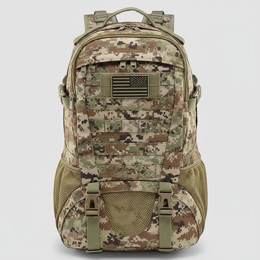 Camouflage backpack with American flag patch on a white background