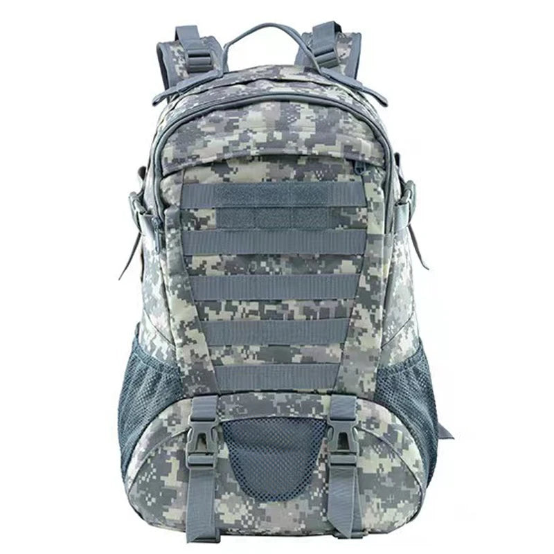 Camouflage backpack with gray straps on a white background