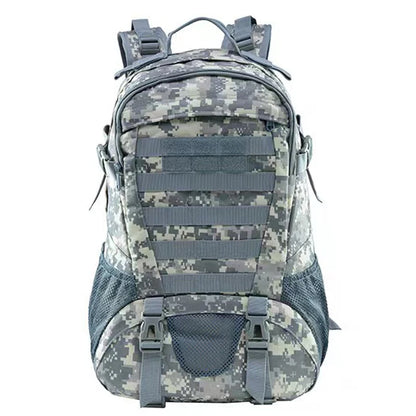 Camouflage backpack with gray straps on a white background