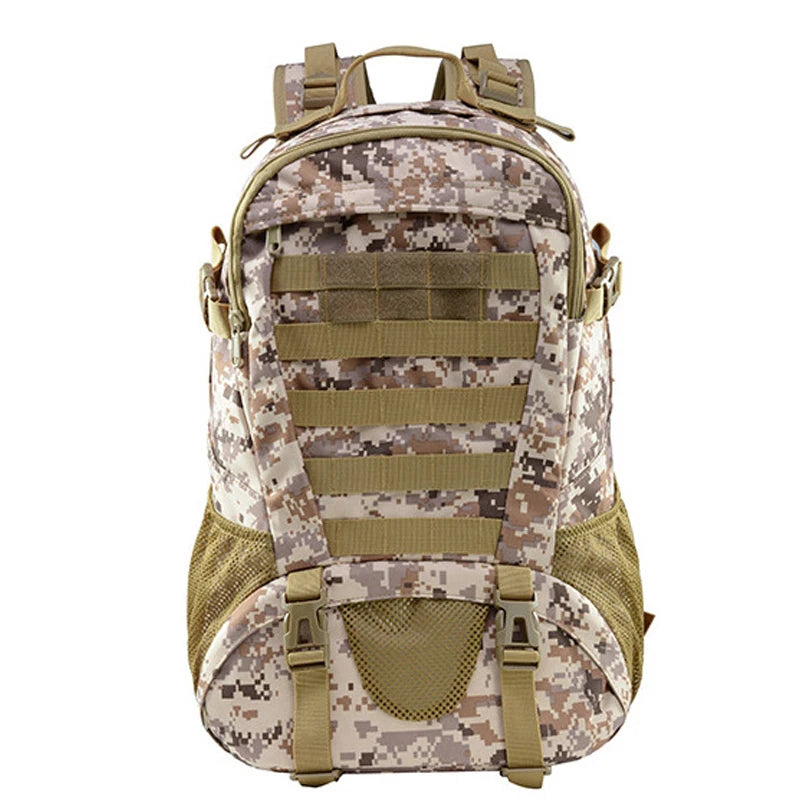 Camouflage backpack with green straps on a white background