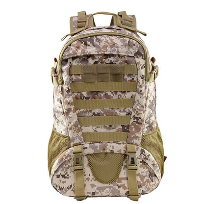 Camouflage backpack with green straps on a white background