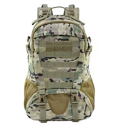 Camouflage backpack with multiple pockets and straps on a white background