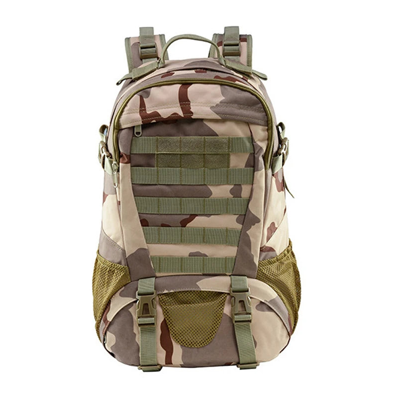Camouflage backpack with tactical straps on a white background