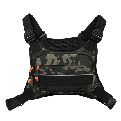 Camouflage tactical vest with black straps on a white background