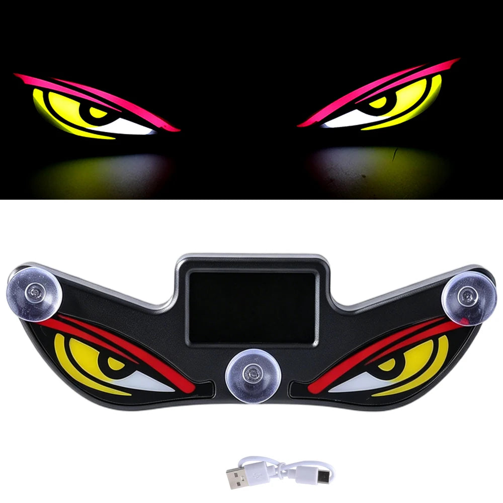 Car LED eye-shaped lights with USB cable on a white background
