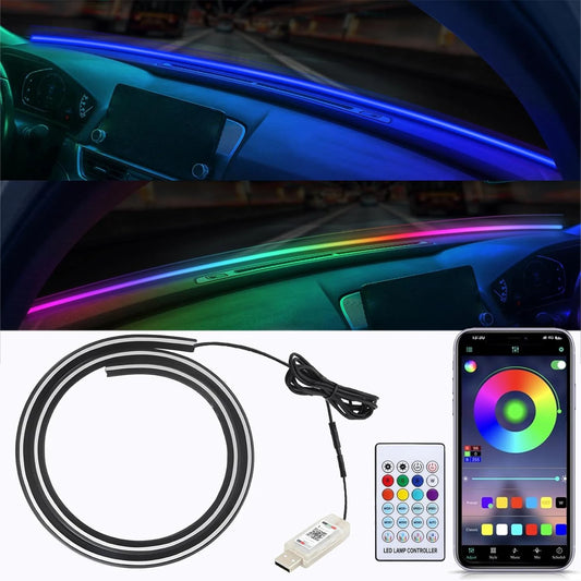 Car dashboard LED light strip kit shown installed in a vehicle interior, with the coiled black light strip, USB controller, and remote control on a white background. The top half shows the light glowing blue and multicolor under the dashboard.