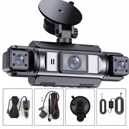 Car dashboard camera with multiple lenses and accessories on a white background