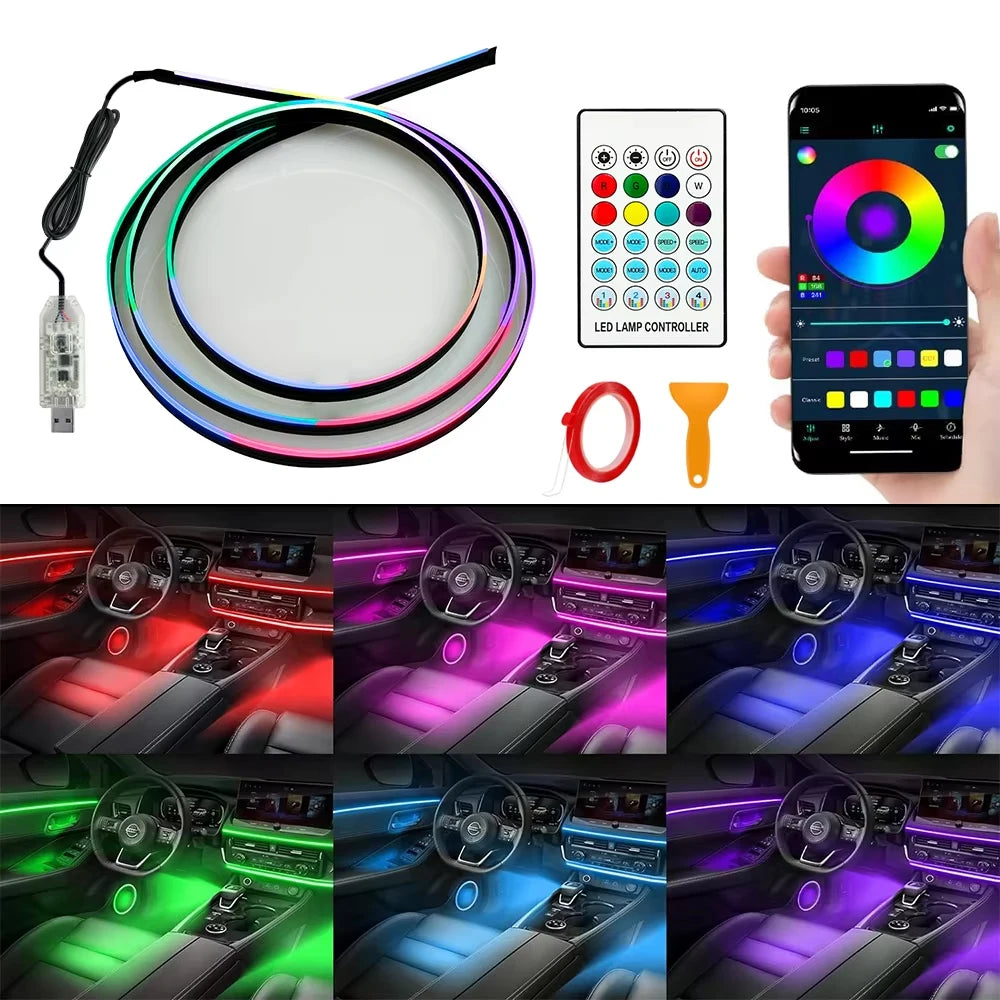 Car interior LED strip lights with controller, remote, and smartphone app for color control.