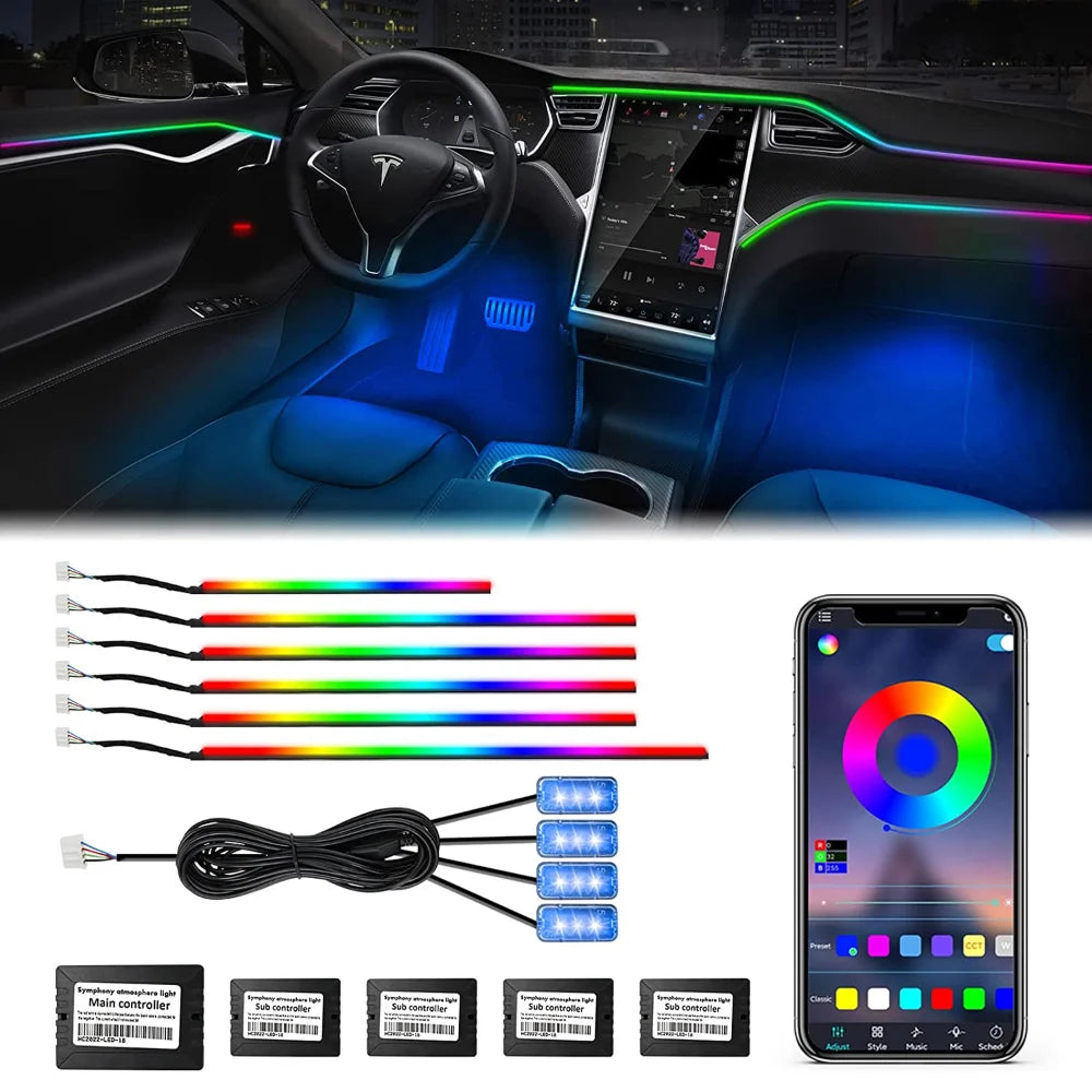 Car interior ambient LED light strip kit shown installed around a Tesla dashboard and footwell, with the included strips, controller cable, battery packs, and a smartphone app screen displayed on a white background.