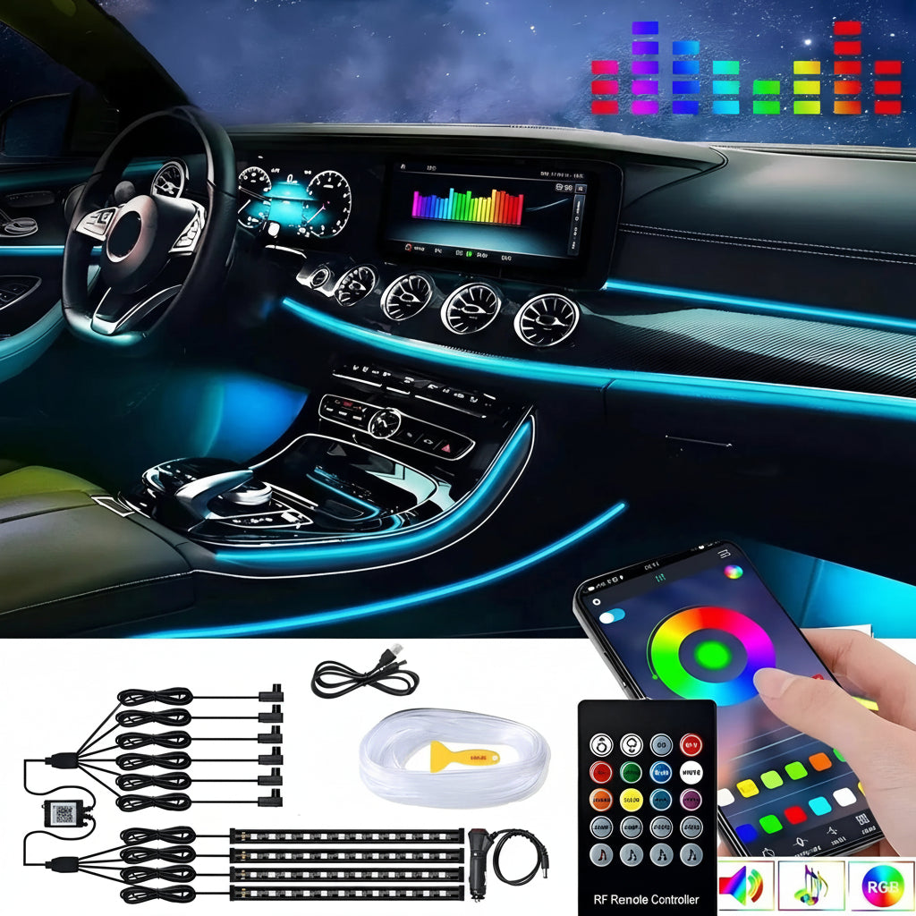 Car interior with RGB LED strip lights and remote control, showing colorful light effects.