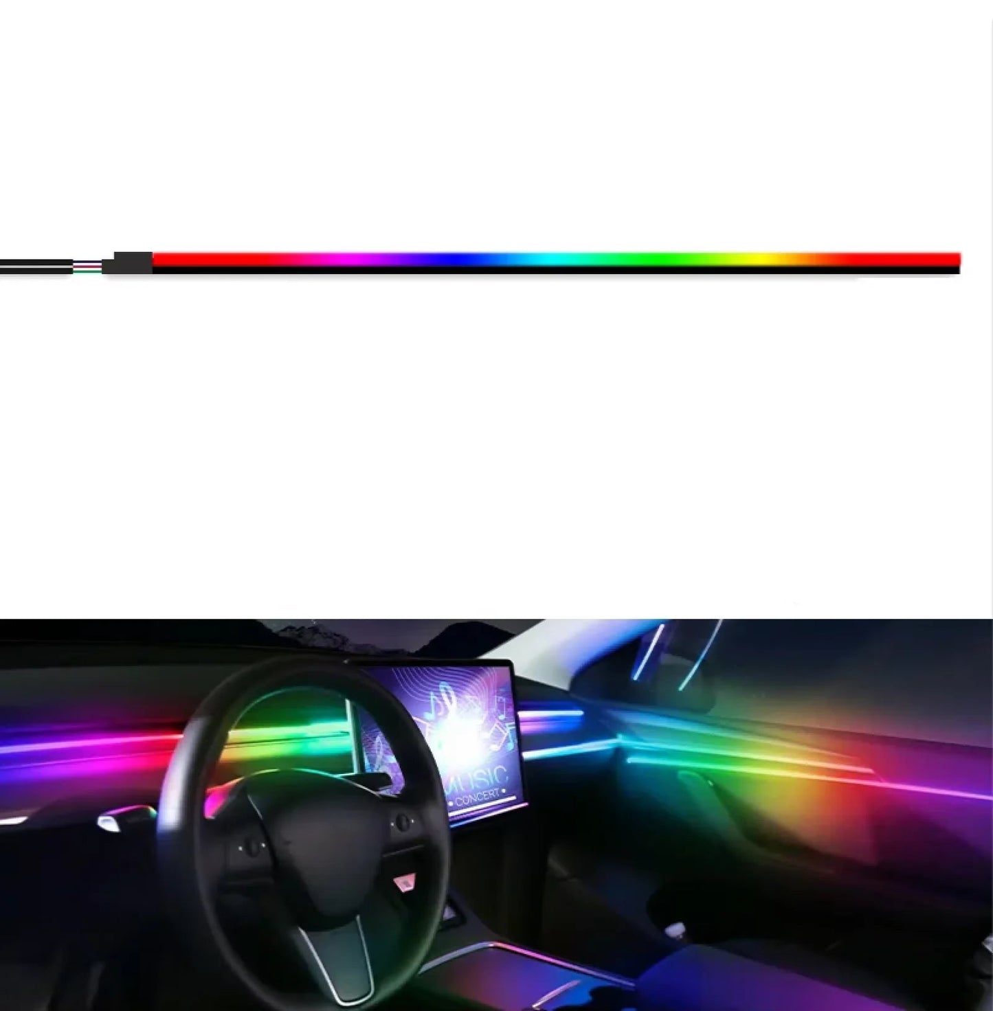 Car interior with a 35CM light strip displaying full colors, including a rainbow spectrum.