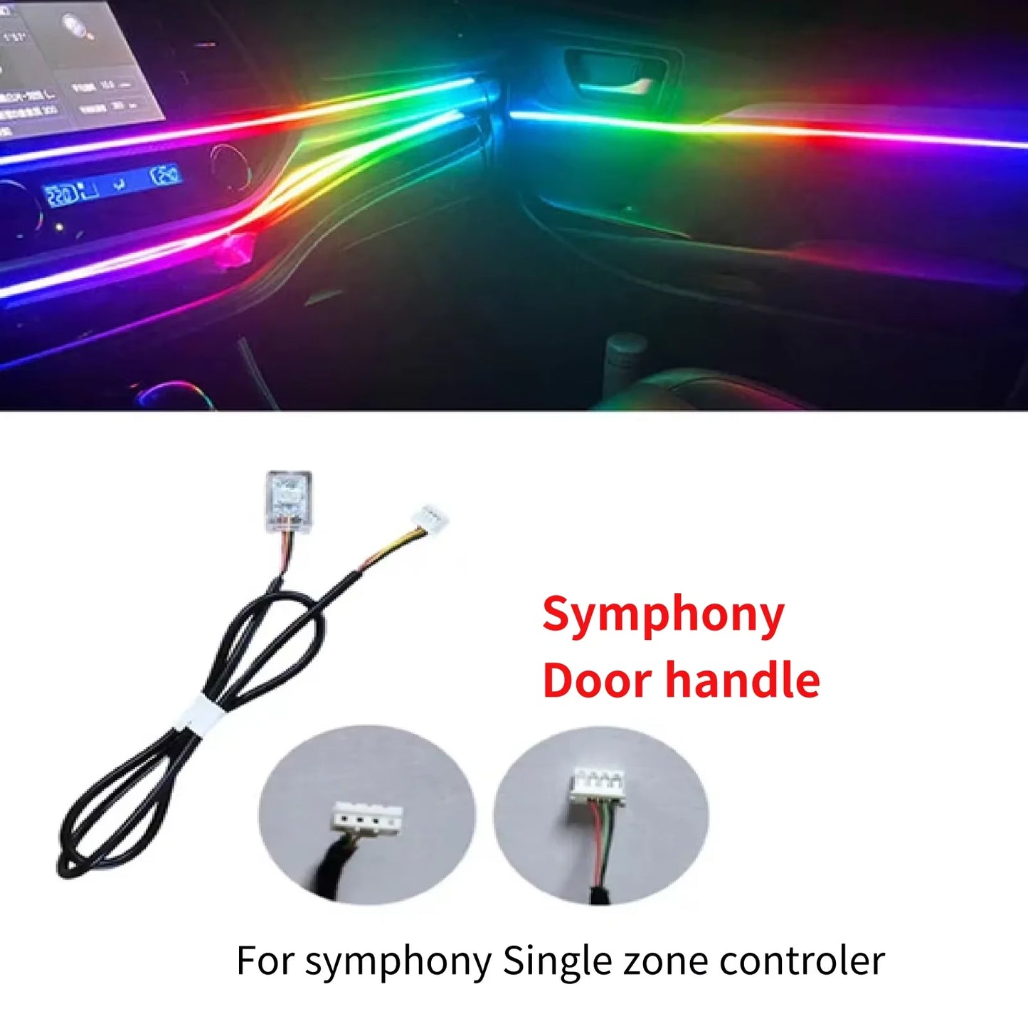 Car interior with colorful LED lights and a 'Symphony Door handle' product image.