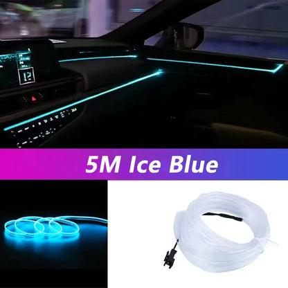 Car interior with ice blue LED strip light and product image of the LED strip.