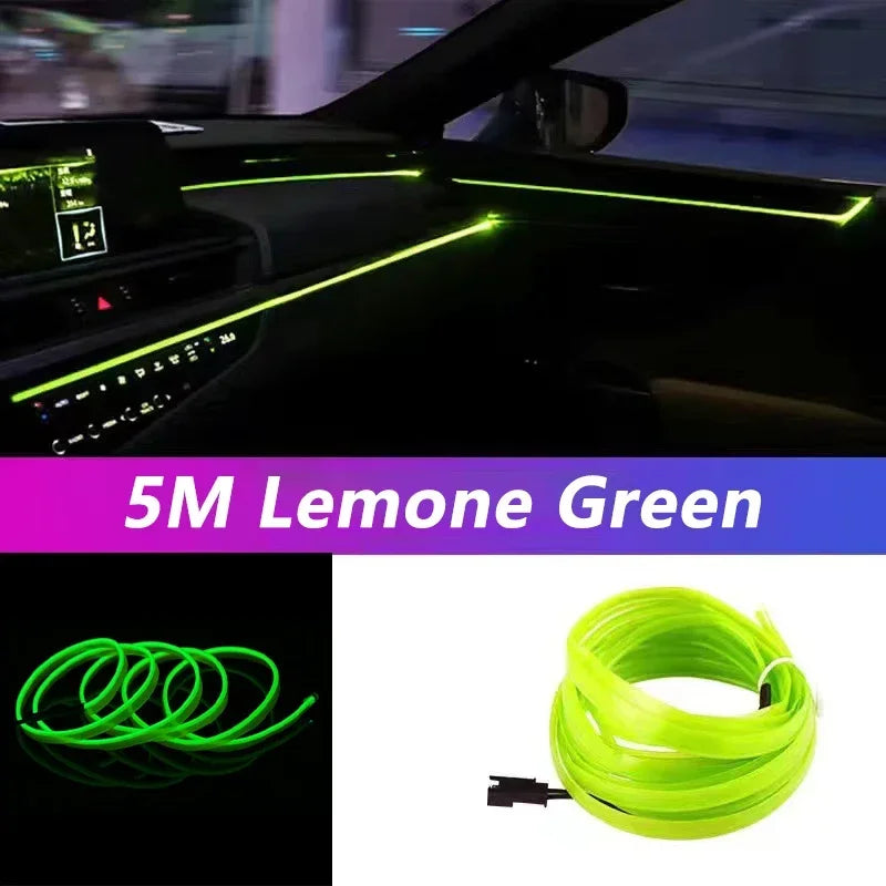 Car interior with neon green LED strip light and product packaging showing 5M Lemone Green LED strip.