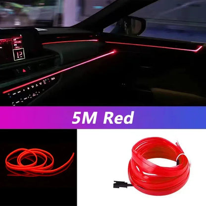 Car interior with red LED strip light and packaging showing 5M Red LED strip.