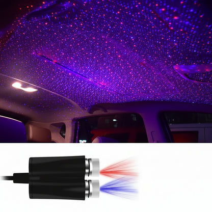 Car interior with starlight effect and red-blue double head light projector.