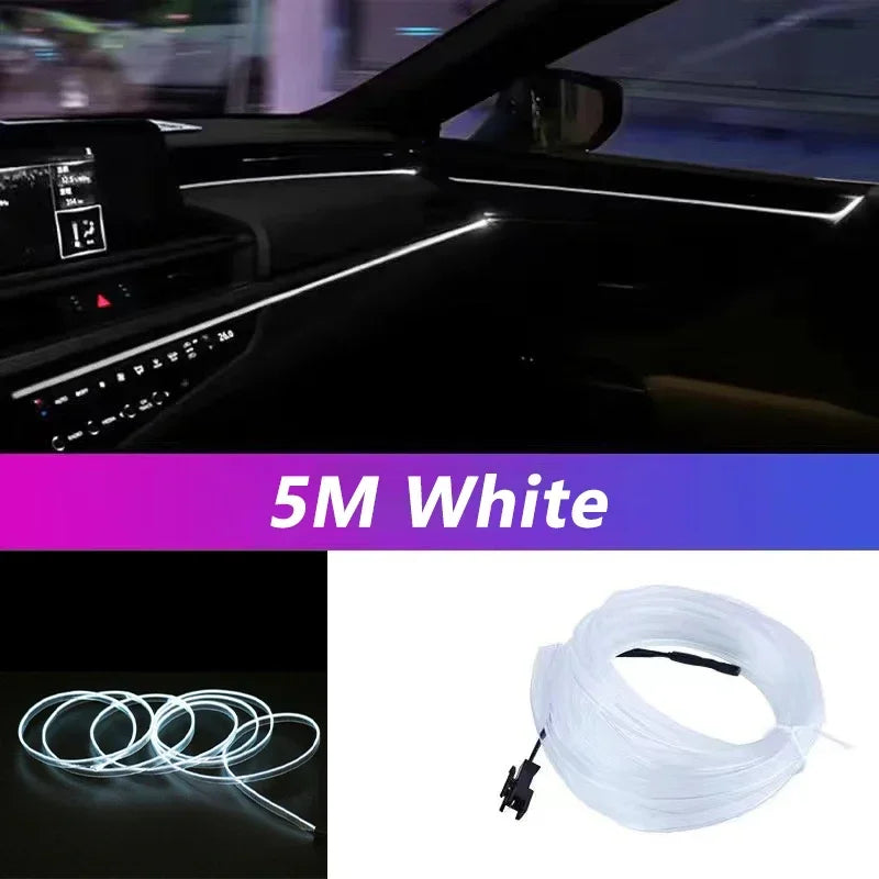 Car interior with white LED strip light and product packaging showing 5M white LED strip.