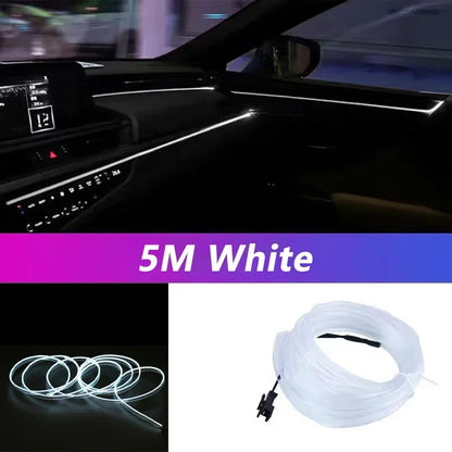 Car interior with white LED strip light and product packaging showing 5M white LED strip.