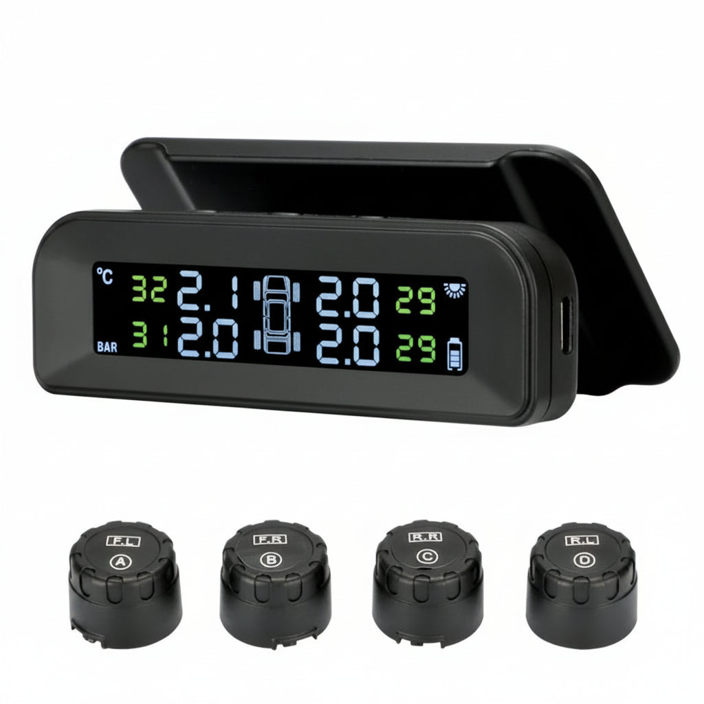 Car tire pressure monitoring system with digital display and external sensors on a white background
