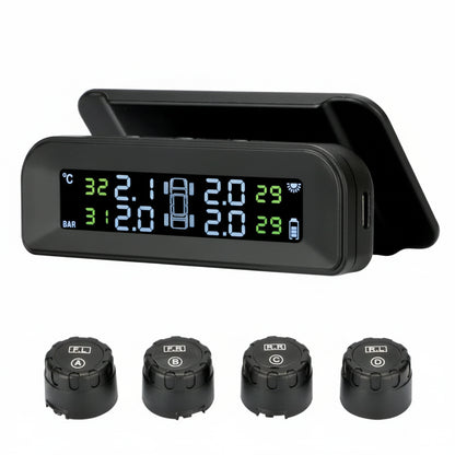Car tire pressure monitoring system with digital display and external sensors on a white background