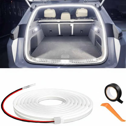 Car trunk with LED light strip and accessories on a white background