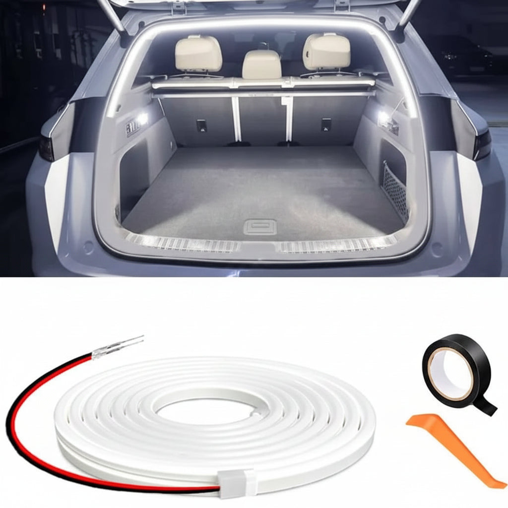Car trunk with LED light strip kit and accessories on a white background
