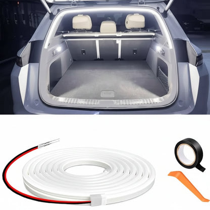 Car trunk with LED light strip kit and accessories on a white background