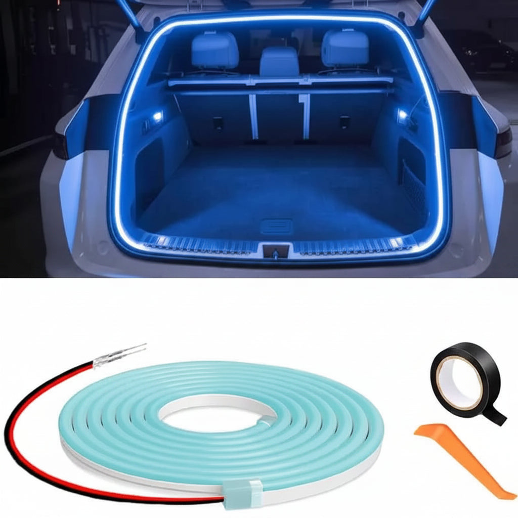 Car trunk with blue LED strip lighting and product packaging with blue LED strip, tape, and cutter.