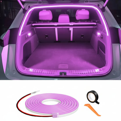 Car trunk with pink LED strip lighting and product packaging featuring a 2M pink LED strip.